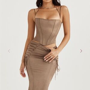 House of CB Satin Taupe Corset Top with Lace-Up Details